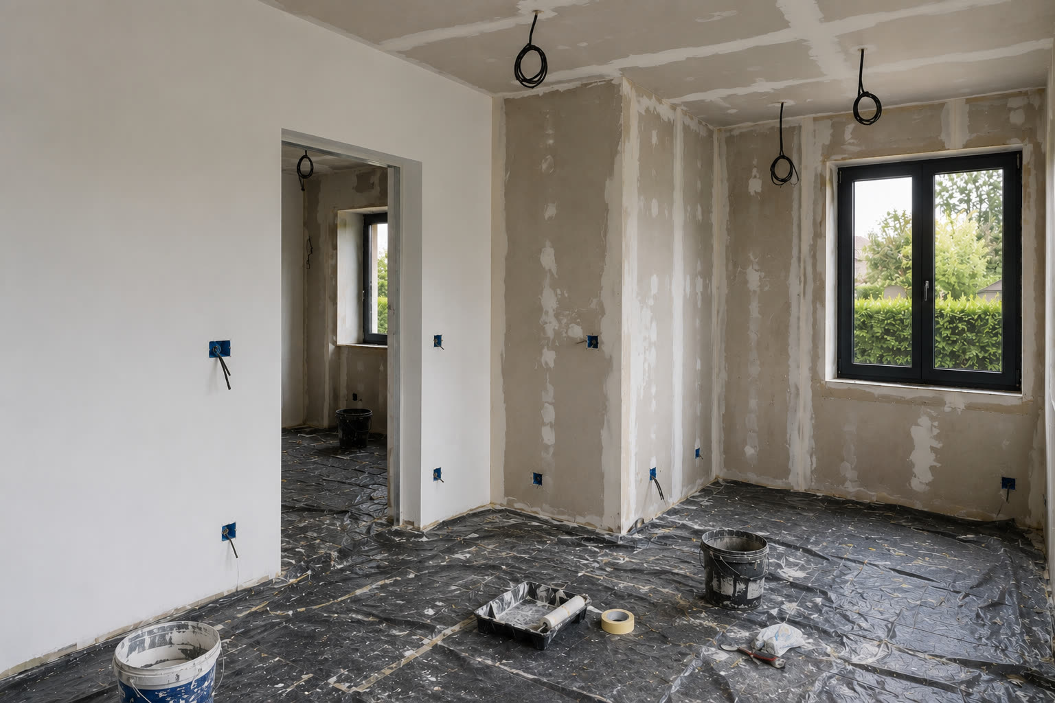 Mise en peinture en cours — premiers murs finis, supports protégés
